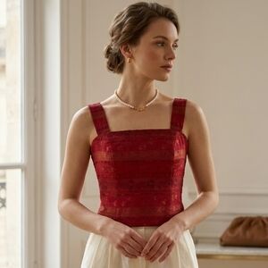 VINTAGE Michel Desjardins Red Brocade Corset Top,Statement Piece SideZip,Size 10